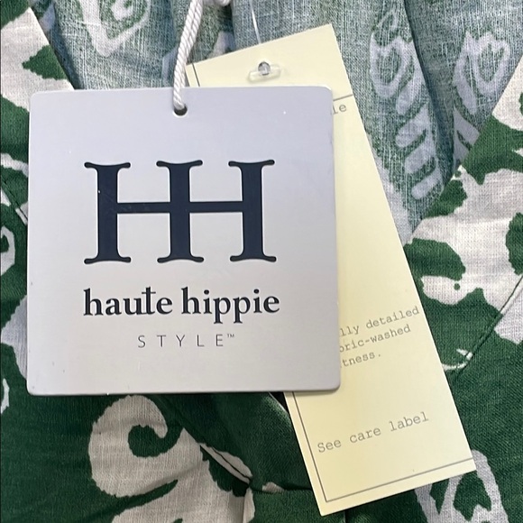 Haute Hippie, Green and White, Ruffle Cap Sleeve, Linen Blend, Boxy Blouse, (3X) - Picture 5 of 11